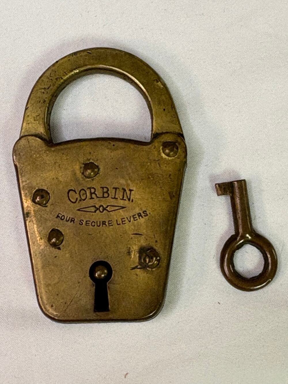 Vintage Corbin Solid Brass Padlock Skeleton Key Antique Non Working Display Lock